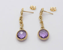 Load image into Gallery viewer, Vintage 14K Yellow Gold Hanging Amethyst Diamond Earrings