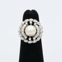 Load image into Gallery viewer, Vintage 14K White Gold Pearl Diamond Floral Ring