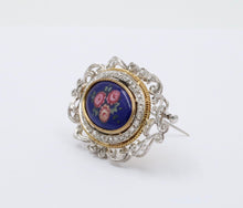 Load image into Gallery viewer, Vintage Italian 18K Gold Flower Painted Porcelain Diamond Pendant Brooch