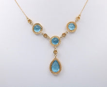Load image into Gallery viewer, Vintage 14K Yellow Gold Teardrop Blue Zircon Festoon Necklace. Negligee Necklace