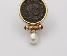 Load image into Gallery viewer, Roman Coin Rubies Diamond Pearl 18K Yellow Gold Brooch Pin