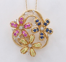 Load image into Gallery viewer, Lovely Multi-Color Sapphire and Diamond 14K Yellow Gold Flower Pendant, Necklace
