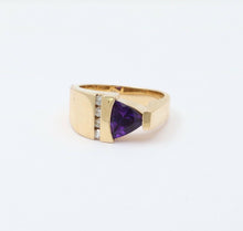 Load image into Gallery viewer, MidCentury 14K Yellow Gold Geometric Siberian Triangle Amethyst Diamond Ring Ban