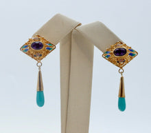 Load image into Gallery viewer, Vintage 1940's Gold Gilt Turquoise Amethyst Enamel Earrings
