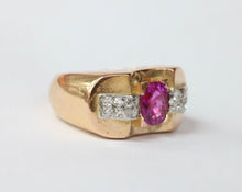 Load image into Gallery viewer, Retro 1940’s Pink Sapphire and Diamond 18K Yellow Gold Ring