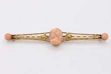 Load image into Gallery viewer, Antique Ladies 14K Yellow Gold Carved Coral Pearls Brooch Pin