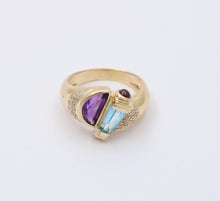 Load image into Gallery viewer, Vintage Geometric Amethyst Blue Topaz Tourmalines Diamonds 14K Yellow Gold Ring