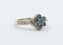 Load image into Gallery viewer, Vintage 14K White Gold Blue Diamond Floral Ring