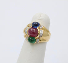 Load image into Gallery viewer, Funky Vintage 18K Yellow Gold Cabochon Ruby, Sapphire & Emerald Ring, Estate Rin
