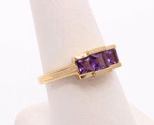 Load image into Gallery viewer, Vintage Three Stone Amethyst 14K Yellow Gold Ring