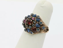 Load image into Gallery viewer, Vintage 18K Gold Sapphire, Garnet, and Ruby Cluster Ring