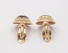 Load image into Gallery viewer, Vintage Round Cut Amethyst Beaded Seed Pearl Halo Button Clip Earrings, Estate.