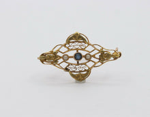 Load image into Gallery viewer, Art Nouveau 10K Yellow Gold Sapphire Pearl Brooch