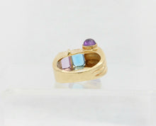 Load image into Gallery viewer, Vintage 14K Yellow Gold Abstract Scroll Blue Topaz & Amethyst Ring