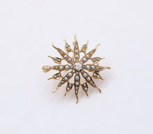 Load image into Gallery viewer, Victorian Edwardian Starburst Diamond Seed Pearls 14K Yellow Gold Pendant Brooch
