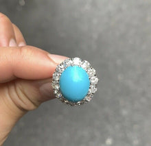 Load image into Gallery viewer, Gorgeous Vintage Persian turquoise Platinum Ring With Diamonds Halo.