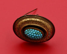 Load image into Gallery viewer, Victorian Etruscan Revival Turquoise 10K Yellow Gold Brooch Pendant Momento