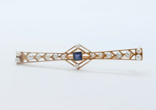 Load image into Gallery viewer, Art Deco 14K Yellow Gold Blue Sapphire Pearls Brooch Pin