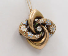 Load image into Gallery viewer, Victorian Etruscan Revival 14K YG Enamel Flowers Old Euro Diamond Brooch Pendant