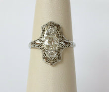 Load image into Gallery viewer, Stunning Art Deco 18K White Gold Filigree Three Diamonds Shield Ring