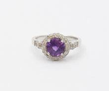 Load image into Gallery viewer, Vintage 14K White Gold Round Amethyst Diamond Halo Ring, Engagement Ring