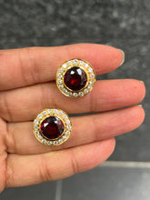 Load image into Gallery viewer, Vintage Rhodolite Garnet & Diamond Halo 18K Yellow Gold Earrings