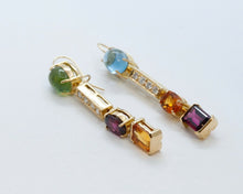 Load image into Gallery viewer, Vintage 18K Multi Stone Dangle Earrings Topaz Peridot Amethyst Diamonds Citrine
