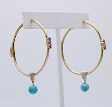 Load image into Gallery viewer, Light Weight 10K Gold Turquoise & pink Topaz , Diamond Large Hoop Earrings