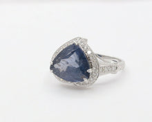 Load image into Gallery viewer, Vintage 18K White Gold Trillion- Cut Sapphire Diamond Halo Ring