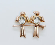 Load image into Gallery viewer, Vintage Lovebirds 18K Rose Gold Aquamarines Brooch Pin
