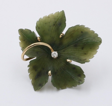 Load image into Gallery viewer, Vintage Diamond and Curved Jade 14K Yellow Gold Leaf Brooch, Pendant.