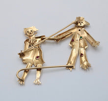 Load image into Gallery viewer, Vintage Raggedy Ann and Andy Diamonds Sapphires Emeralds 14K YG Brooch Pin