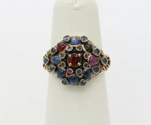Load image into Gallery viewer, Vintage 18K Gold Sapphire, Garnet, and Ruby Cluster Ring