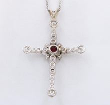 Load image into Gallery viewer, Vintage 10K White Gold Diamond & Rhodolite Garnet Cross Pendant Necklace