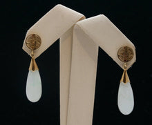 Load image into Gallery viewer, Vintage Ladies 14K Yellow Gold Jade Long Life Teardrop Earrings