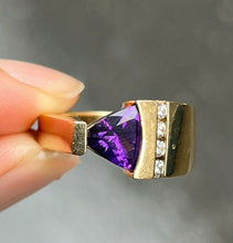 Load image into Gallery viewer, MidCentury 14K Yellow Gold Geometric Siberian Triangle Amethyst Diamond Ring Ban