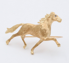 Load image into Gallery viewer, Vintage 14K Yellow Gold Sapphire Riding Horse Brooch