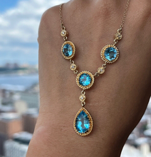 Load image into Gallery viewer, Vintage 14K Yellow Gold Teardrop Blue Zircon Festoon Necklace. Negligee Necklace