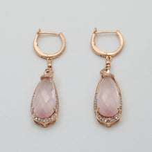 Load image into Gallery viewer, Lovely 14K Rose Gold Pink Quartz & Diamond Drop Earrings.