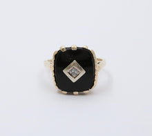 Load image into Gallery viewer, Antique 14K Yellow Gold Rectangle Onyx Diamond Ring, Antique Ring