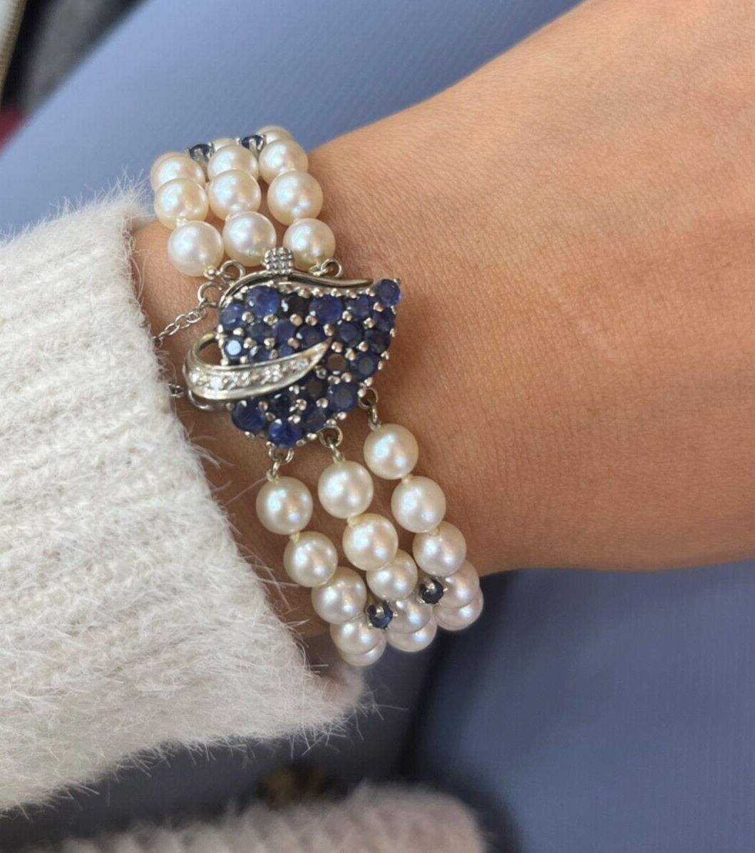 Vintage Strand Beaded Pearl, Sapphire and Diamond Bracelet