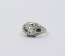 Load image into Gallery viewer, Antique Art Deco 14K White Gold Diamond & Sapphire Ring, Engagement Ring.