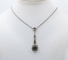 Load image into Gallery viewer, Edwardian 14K Gold & Silver Sapphire, Rose Cut Diamond Floral Lavalier Necklace