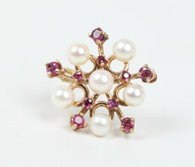 Load image into Gallery viewer, Vintage 14K Yellow Gold Rubies Cultured Pearls Pendant Brooch