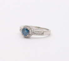 Load image into Gallery viewer, Vintage 14K White Gold Blue Topaz Diamond Halo Ring, Engagement Rig