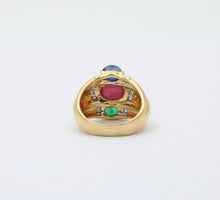 Load image into Gallery viewer, Funky Vintage 18K Yellow Gold Cabochon Ruby, Sapphire & Emerald Ring, Estate Rin