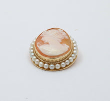 Load image into Gallery viewer, Vintage Carved Shell Cameo Pearls 14K Yellow Gold Brooch Pendant