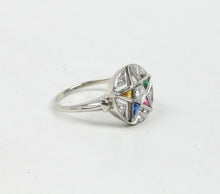 Load image into Gallery viewer, Art Deco Eastern Star 14K White Gold Diamonds Ruby Emerald Sapphire Topaz Ring