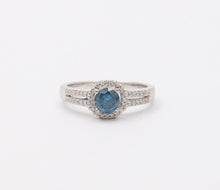 Load image into Gallery viewer, Vintage 14K White Gold Blue Topaz Diamond Halo Ring, Engagement Rig