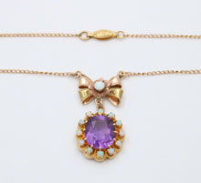 Load image into Gallery viewer, Vintage Bow Amethyst Opals 10K Yellow Gold Pendant and Chain